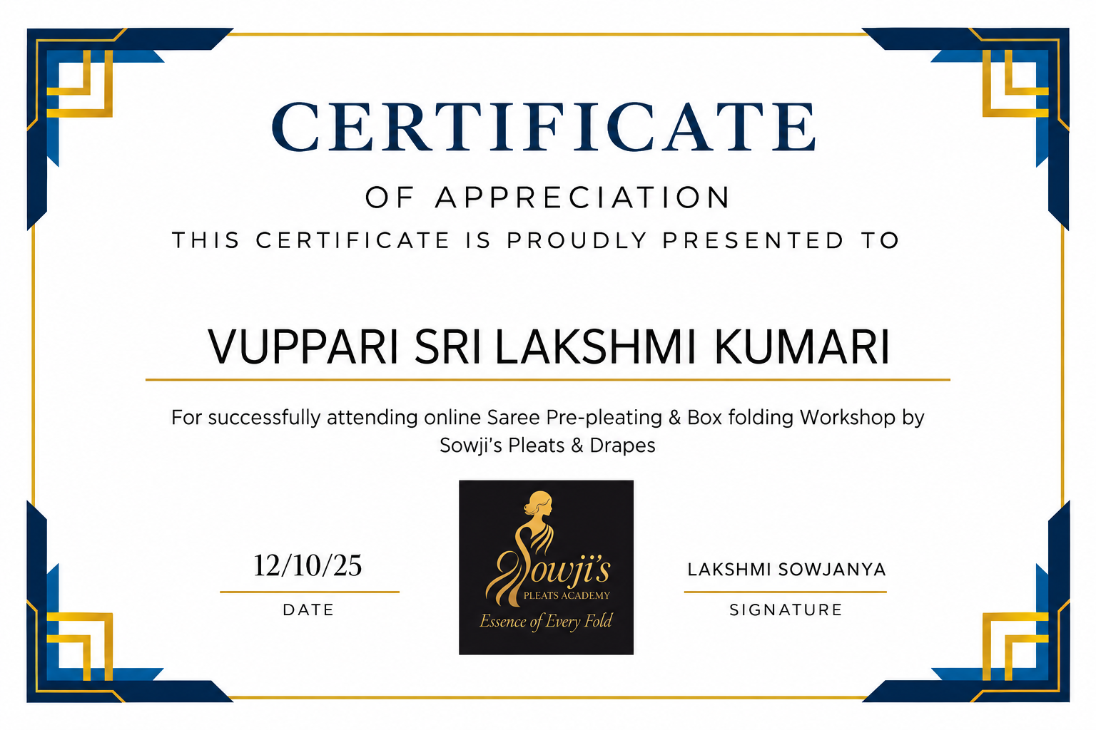 Certificate of Appreciation — Sowji's Pleats & Drapes