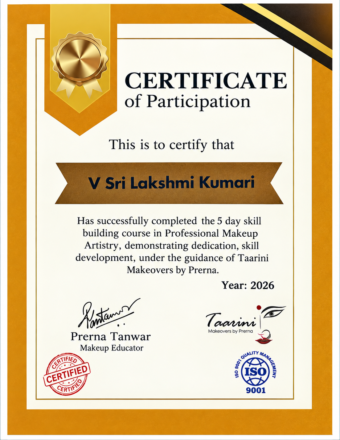 Certificate of Participation — Taarini Makeovers by Prerna