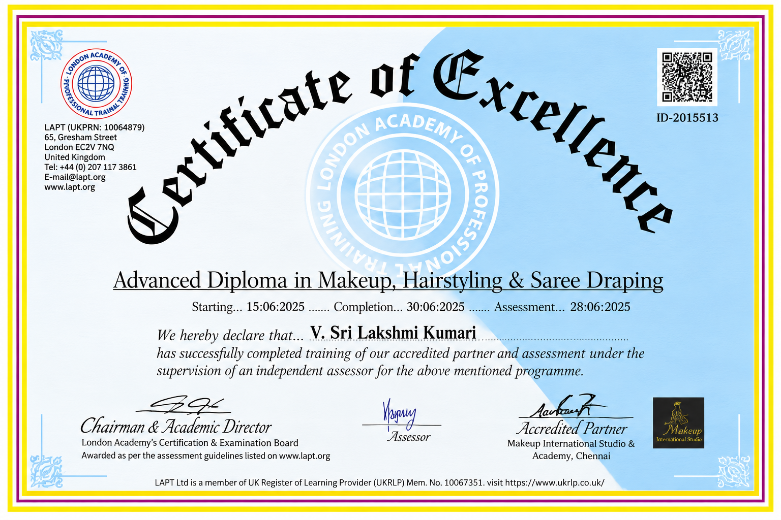Certificate of Excellence — London Academy of Professional Training
